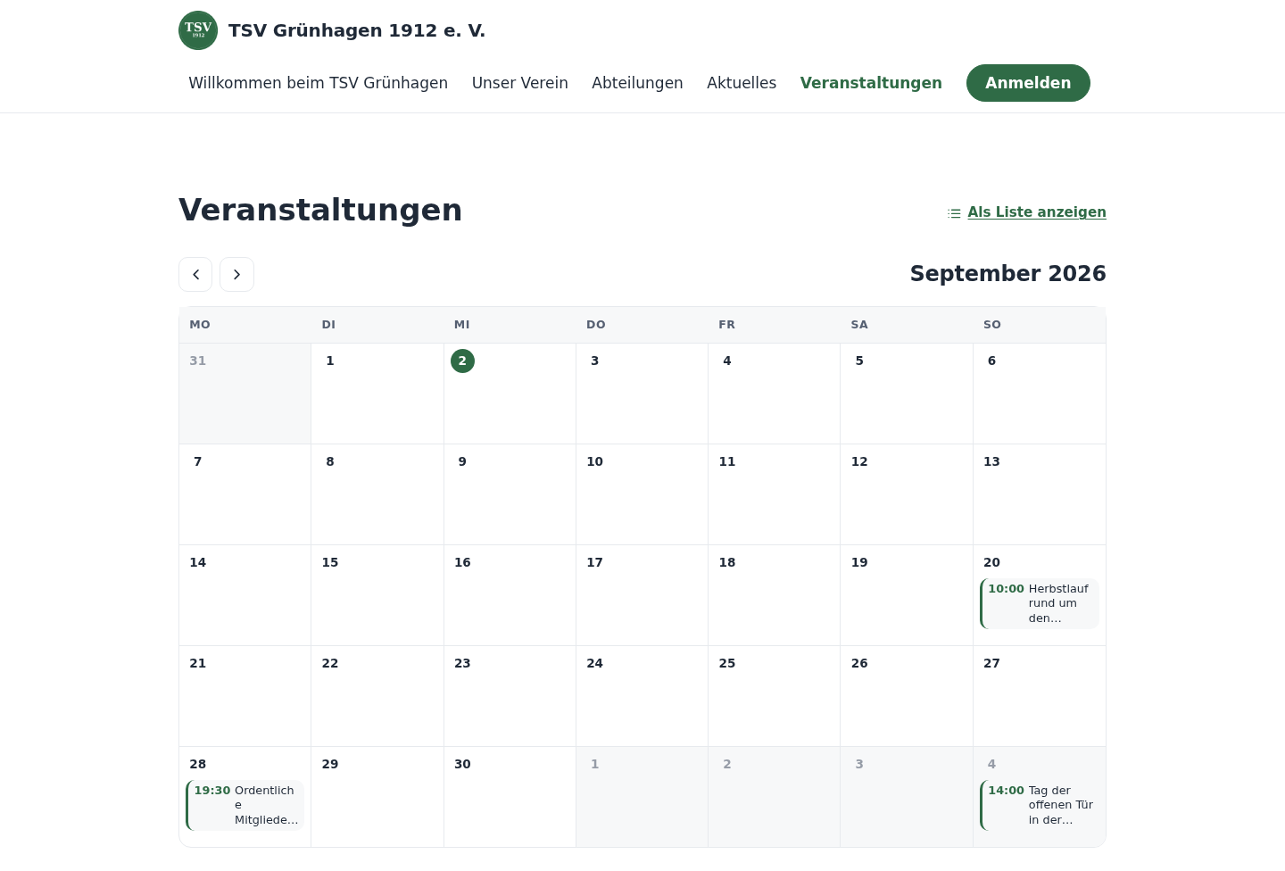 Derselbe Verein, Ansicht „Veranstaltungen" als Monatskalender: September 2026 als Raster, der heutige Tag hervorgehoben. Am 20. September steht „10:00 Herbstlauf rund um den Mühlenkamp", am 28. September „19:30 Ordentliche Mitgliederversammlung", am 4. Oktober „14:00 Tag der offenen Tür in der Turnhalle". Oben rechts lässt sich auf „Als Liste anzeigen" umschalten.